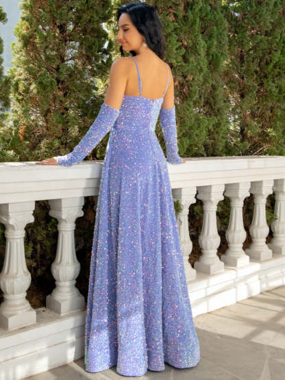 Princess A-Line Floor-Length Pleated Evening Dress with Spaghetti Straps Plunge V-Neck & Detachable Sleeves-BMbridal.UK