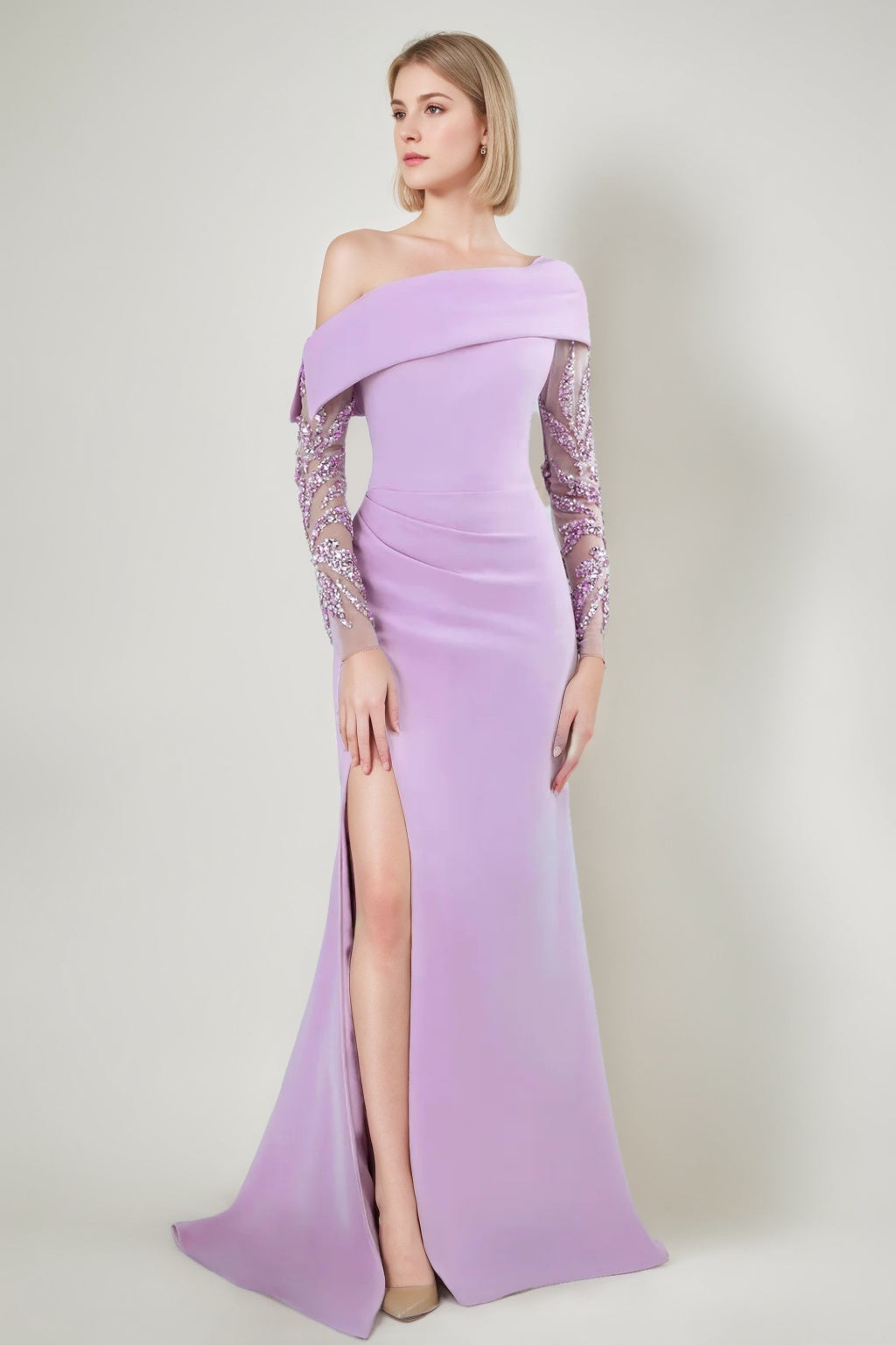 Off-the-shoulder Mermaid/Trumpet Evening Gowns with Embroidered Tulle Sleeves and a Side Slit