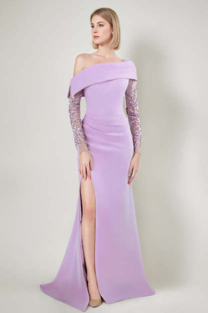 Off-the-shoulder Mermaid/Trumpet Evening Gowns with Embroidered Tulle Sleeves and a Side Slit