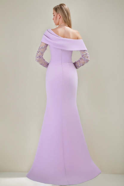 Off-the-shoulder Mermaid/Trumpet Evening Gowns with Embroidered Tulle Sleeves and a Side Slit