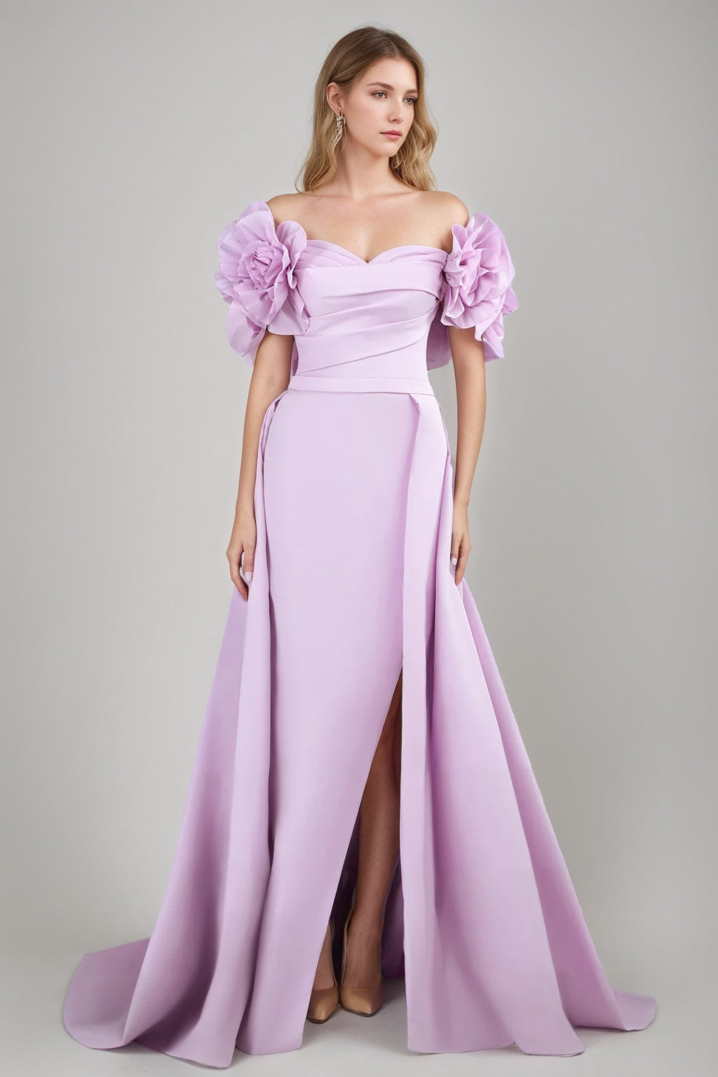 Princess A-Line Off-the-Shoulder Floor-Length Ruched Gown with Ruffles 3D Flowers Slit and Belt