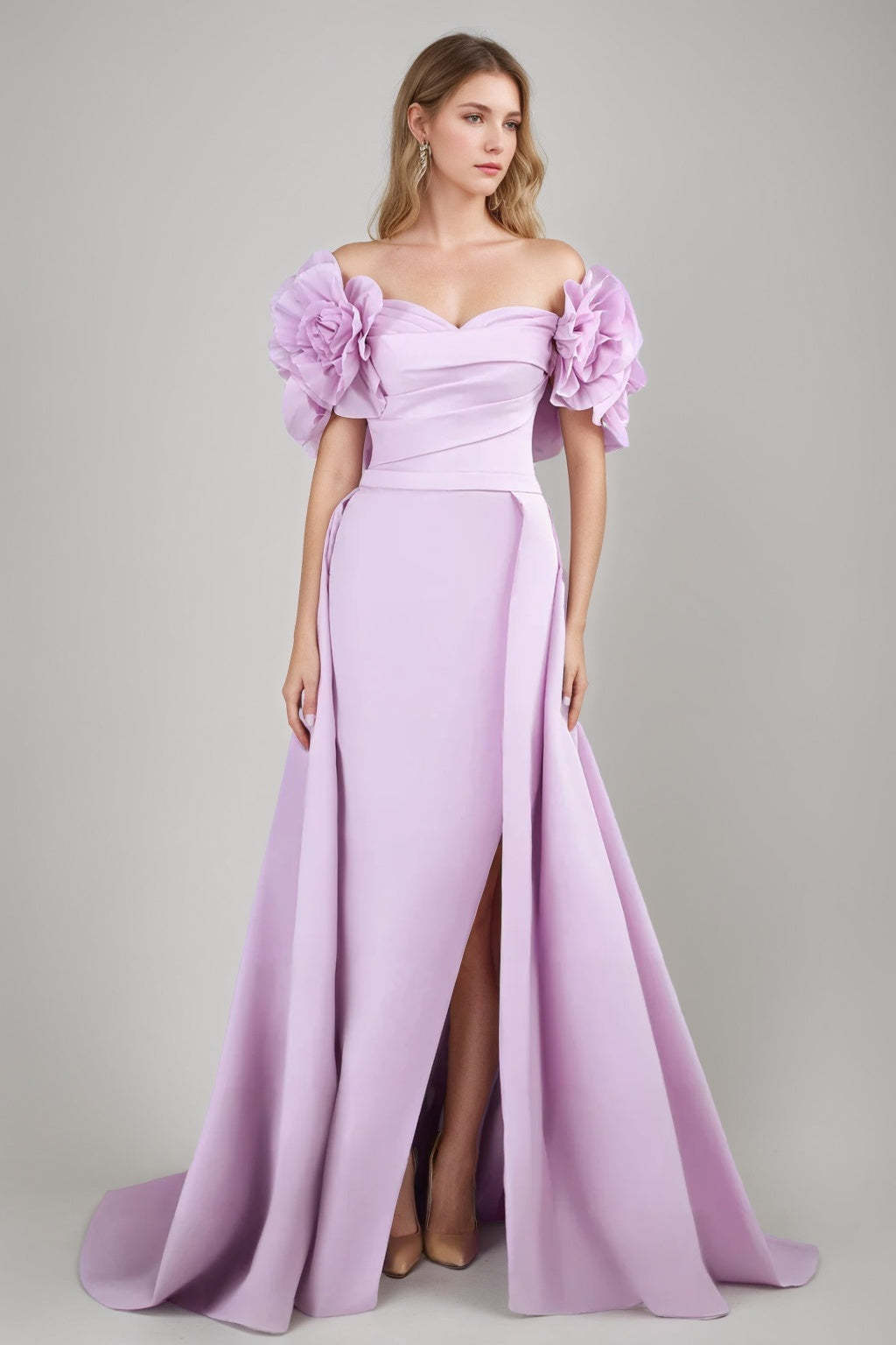 Princess A-Line Off-the-Shoulder Floor-Length Ruched Gown with Ruffles 3D Flowers Slit and Belt