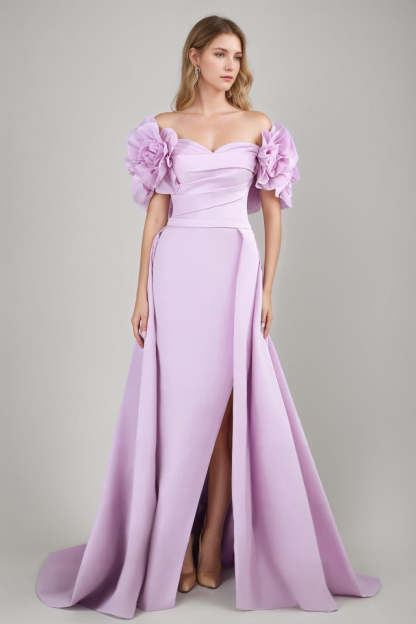 Princess A-Line Off-the-Shoulder Floor-Length Ruched Gown with Ruffles 3D Flowers Slit and Belt
