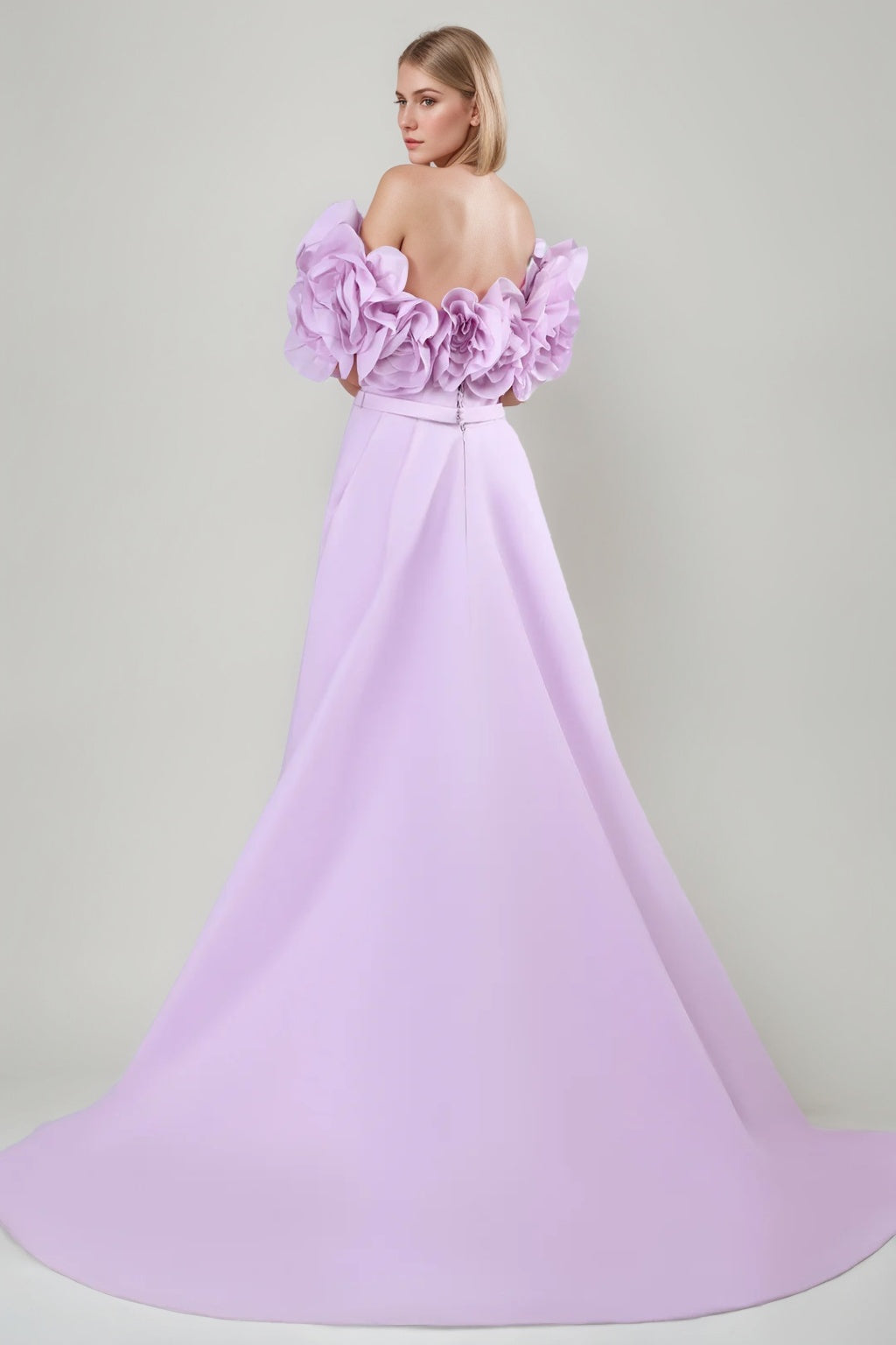 Princess A-Line Off-the-Shoulder Floor-Length Ruched Gown with Ruffles 3D Flowers Slit and Belt