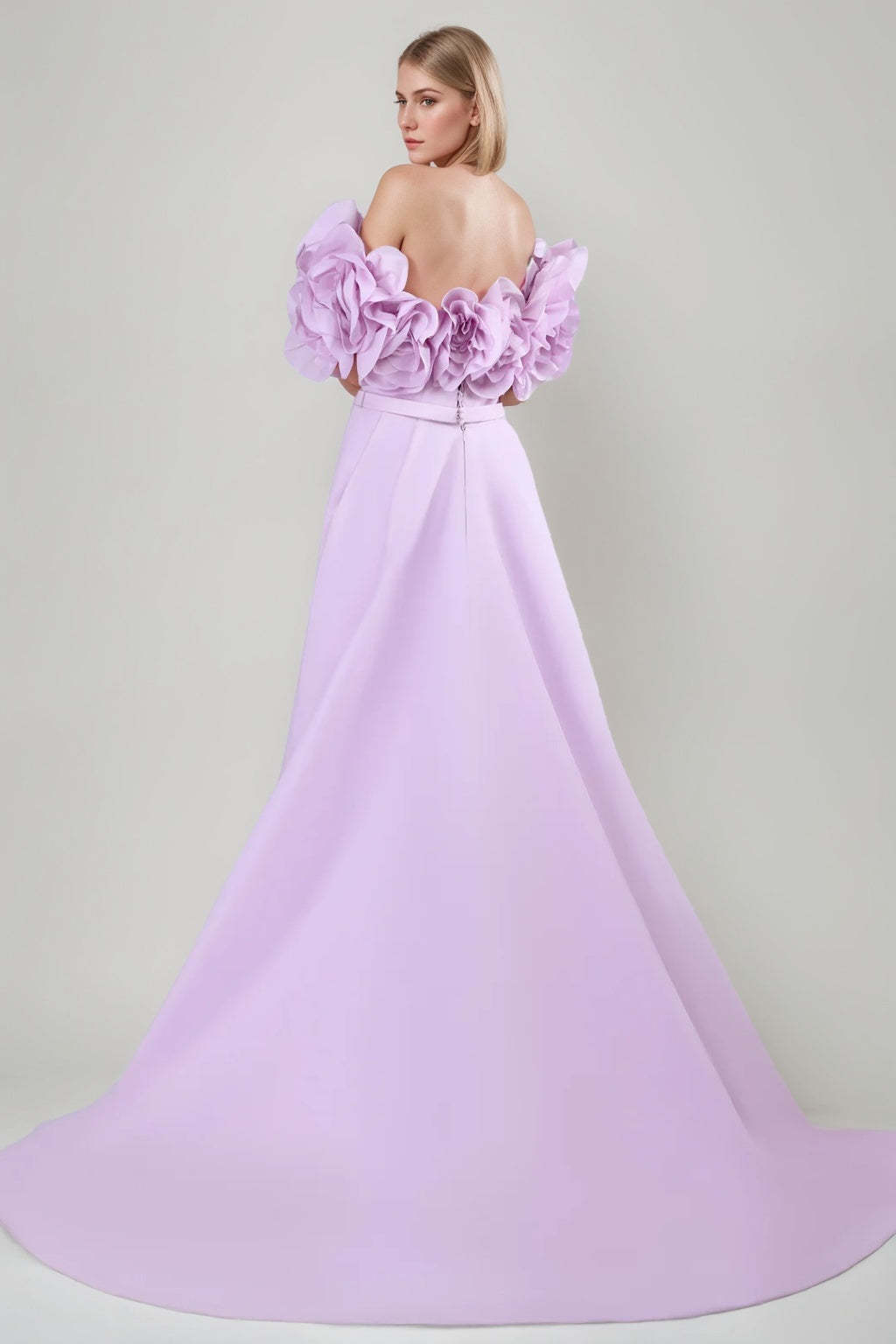 Princess A-Line Off-the-Shoulder Floor-Length Ruched Gown with Ruffles 3D Flowers Slit and Belt