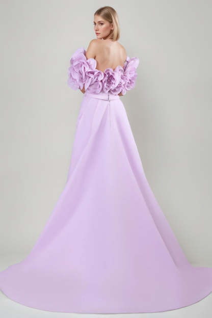 Princess A-Line Off-the-Shoulder Floor-Length Ruched Gown with Ruffles 3D Flowers Slit and Belt