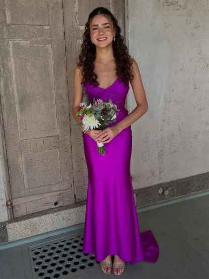 Magenta Satin Spaghetti Strap Ruched V-Neck Mermaid Prom Dress