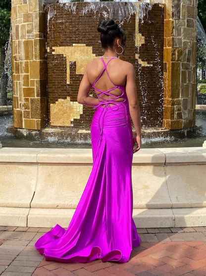 Magenta Satin Spaghetti Strap Ruched V-Neck Mermaid Prom Dress