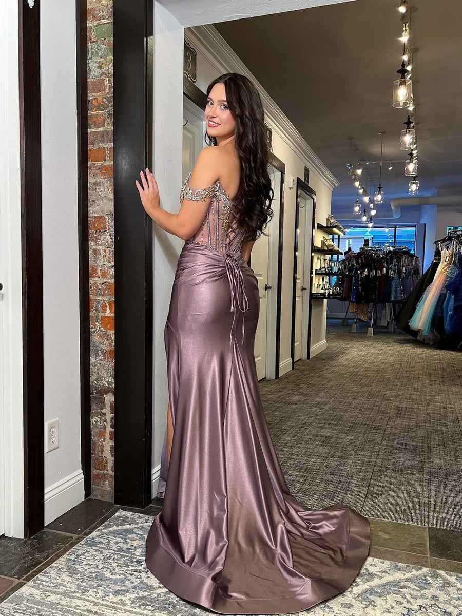 Mauve Satin Off-the-Shoulder Beaded Corset Prom Dress with High Slit