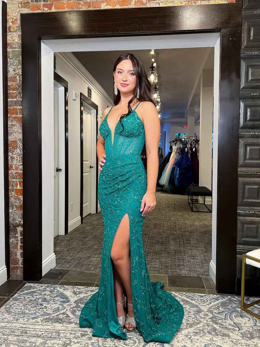 Teal Green Beaded Plunging V-Neck Corset Prom Dress with Slit
