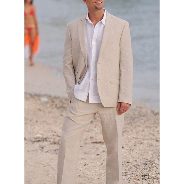 Solid Colored Linen Suits For Men – Tailored Fit Single Breasted Two-Button Set