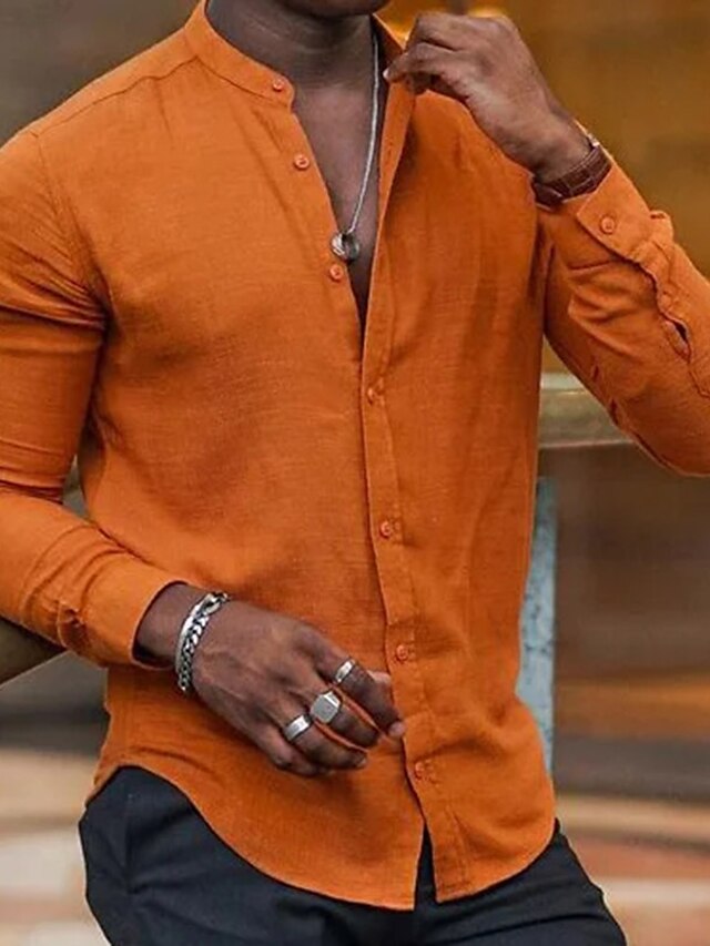 Solid Color Long Sleeve Shirt For Men In Casual Cotton Linen