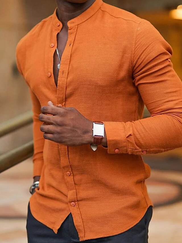 Solid Color Long Sleeve Shirt For Men In Casual Cotton Linen