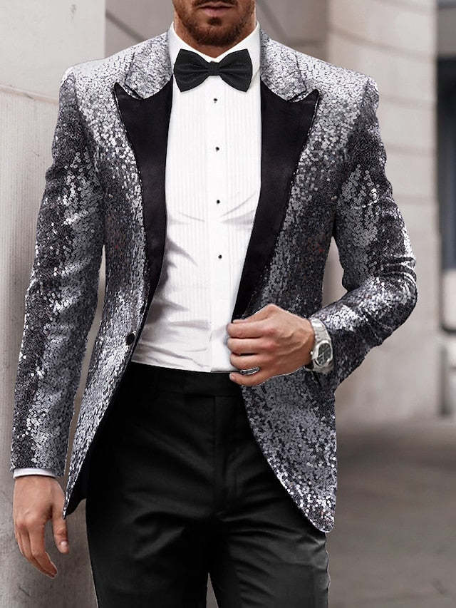 Men's Tailored Fit Single Breasted One-Button Sequins Party Jacket In Gold Red Blue Gray And Purple