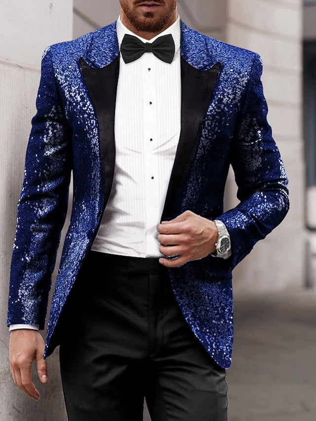 Men's Tailored Fit Single Breasted One-Button Sequins Party Jacket In Gold Red Blue Gray And Purple