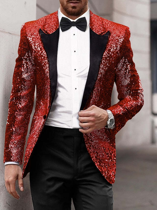 Men's Tailored Fit Single Breasted One-Button Sequins Party Jacket In Gold Red Blue Gray And Purple