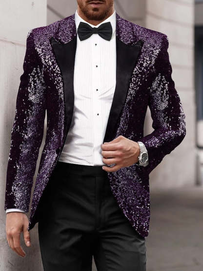 Men's Tailored Fit Single Breasted One-Button Sequins Party Jacket In Gold Red Blue Gray And Purple