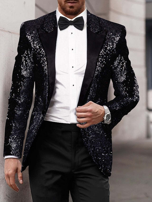 Men's Tailored Fit Single Breasted One-Button Sequins Party Jacket In Gold Red Blue Gray And Purple