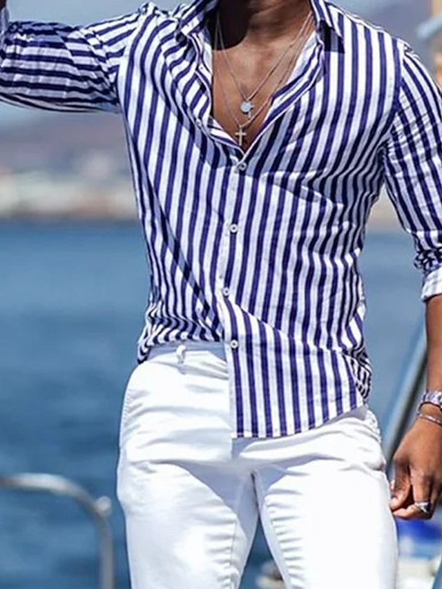 Striped Long-Sleeve Casual Shirt For Men In Cotton Blend