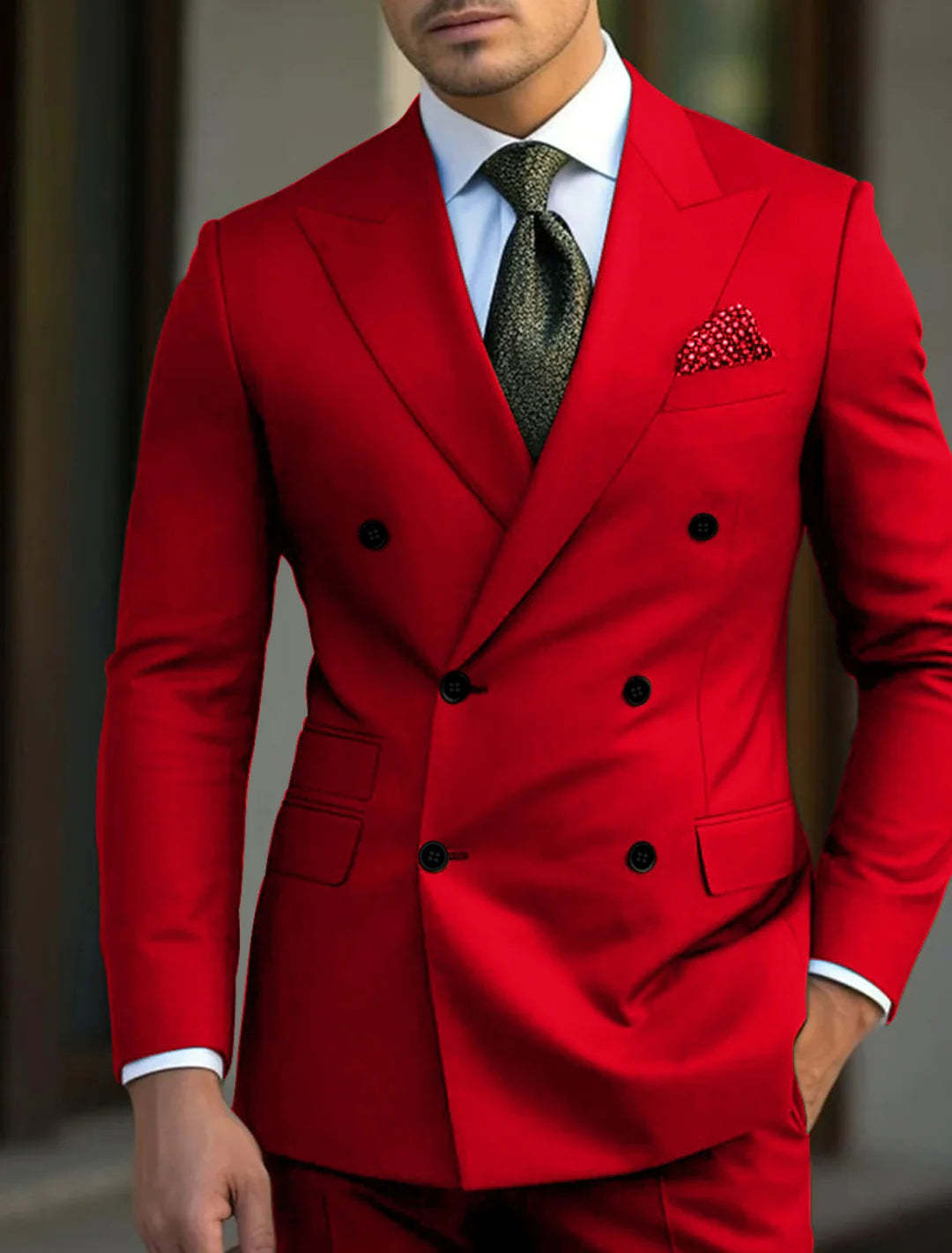 Men's Green Tailored Fit 2-Piece Double Breasted Six-Button Solid Wedding Suits