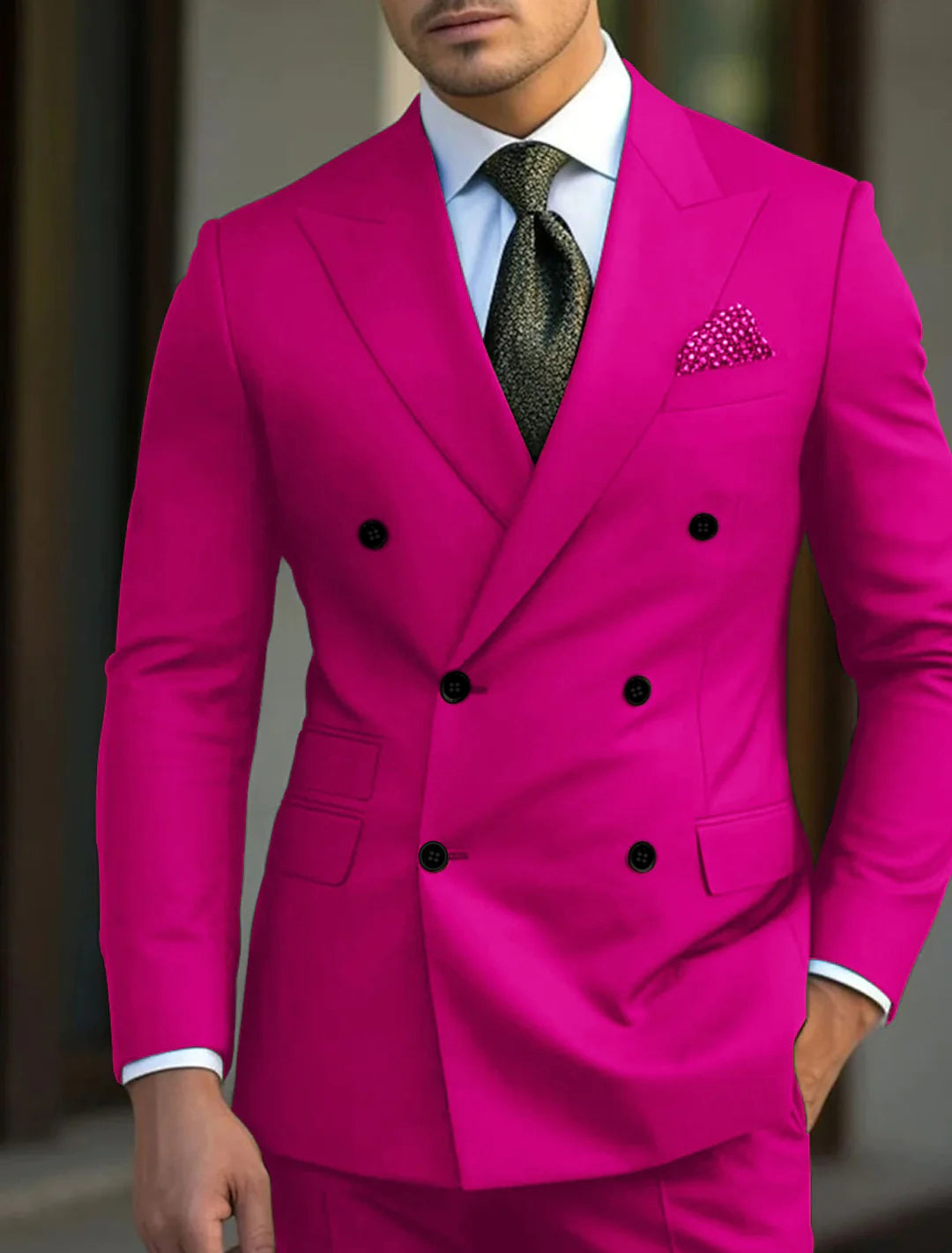 Men's Green Tailored Fit 2-Piece Double Breasted Six-Button Solid Wedding Suits