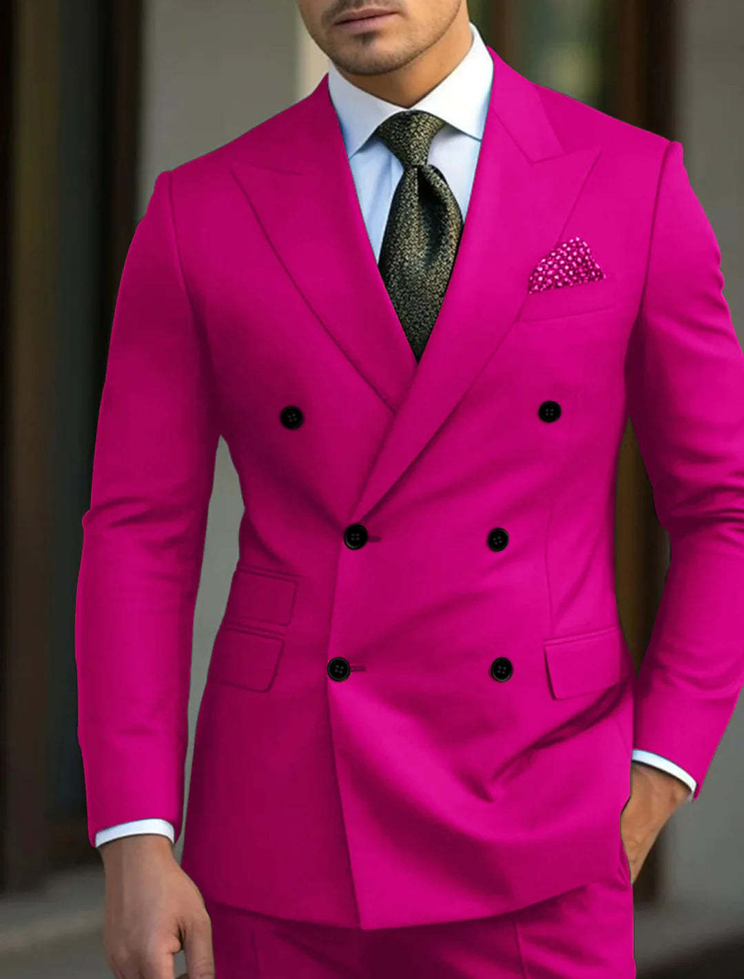 Men's Green Tailored Fit 2-Piece Double Breasted Six-Button Solid Wedding Suits