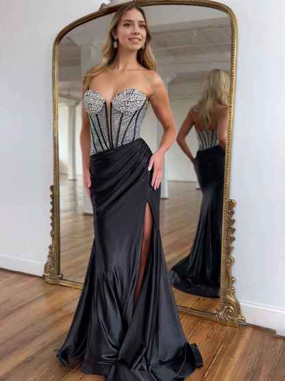 Mermaid Beaded Top Long Satin Prom Dress with Slit