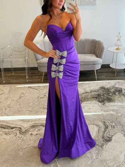 Mermaid Crystal Bows Bodice Long Prom Dress with Slit
