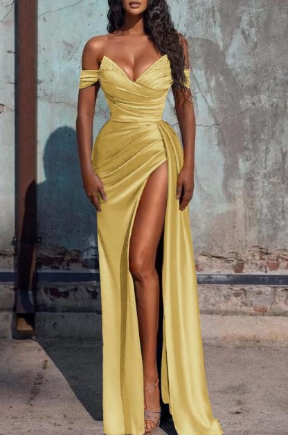 Bmbridal Off-the-Shoulder Dusty Blue Prom Dress Prom Dress With Slit