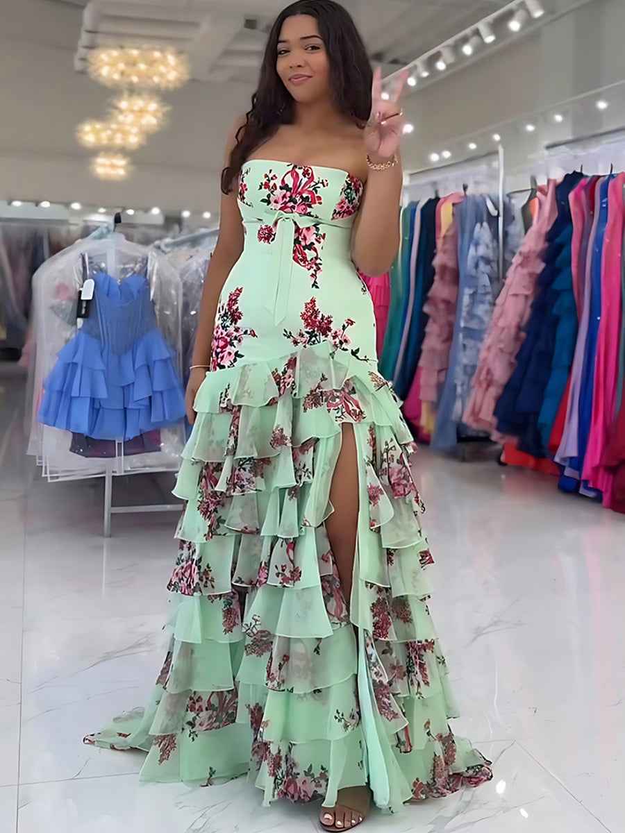 Pink Mermaid Flower Strapless Corset Tiered Tulle Long Prom Dress