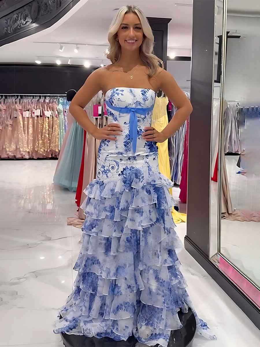 Pink Mermaid Flower Strapless Corset Tiered Tulle Long Prom Dress