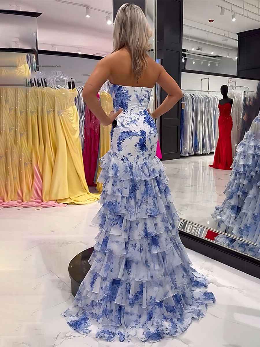 Pink Mermaid Flower Strapless Corset Tiered Tulle Long Prom Dress