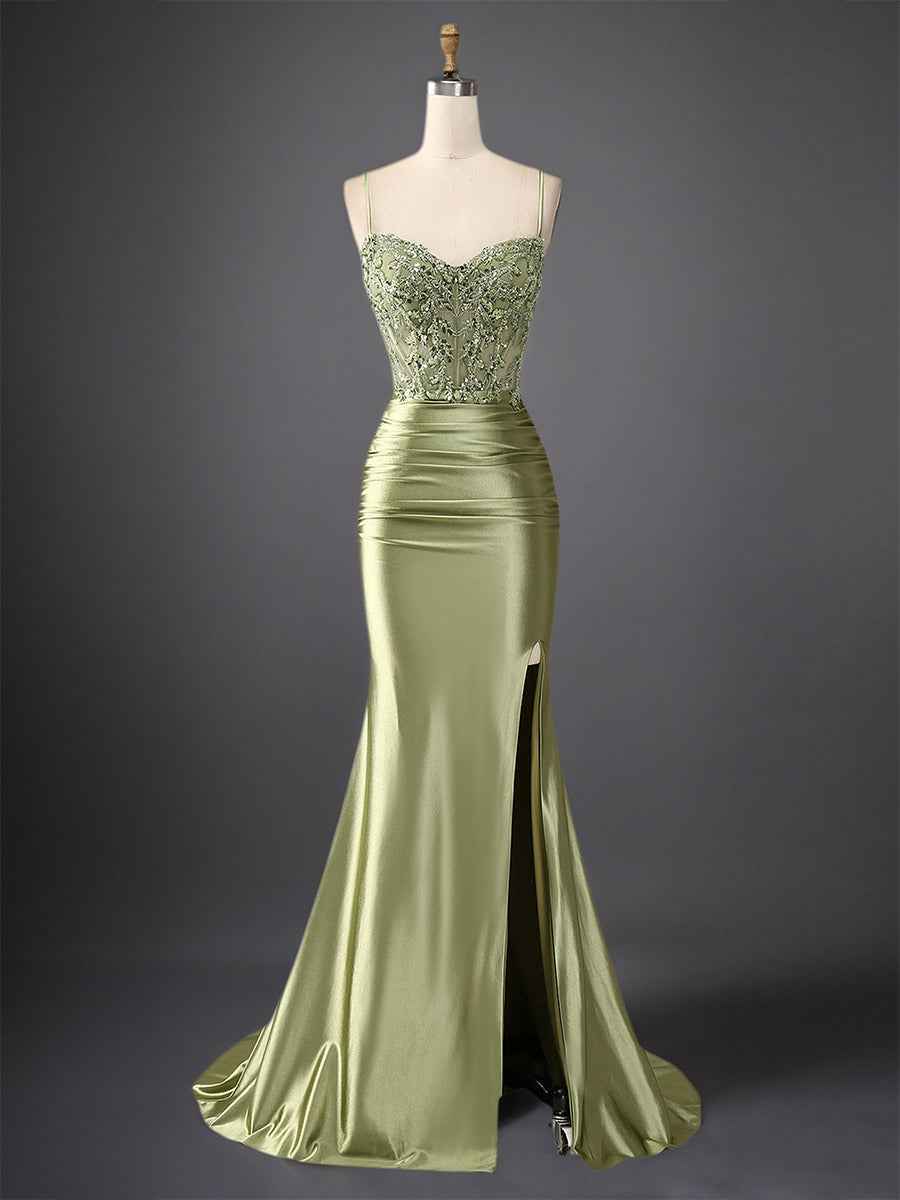 Mermaid Spaghetti Straps Bodice Long Prom Dress with Beads