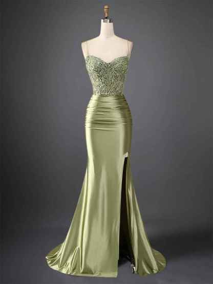 Mermaid Spaghetti Straps Bodice Long Prom Dress with Beads