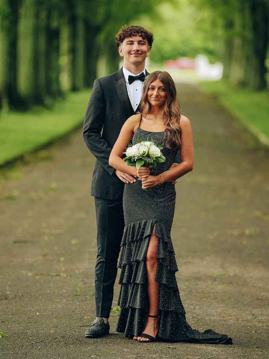 Mermaid Spaghetti Straps Rhinestone Ruffles Long Prom Dress with Slit