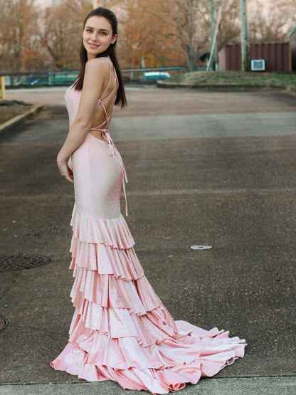 Mermaid Spaghetti Straps Rhinestone Ruffles Long Prom Dress with Slit