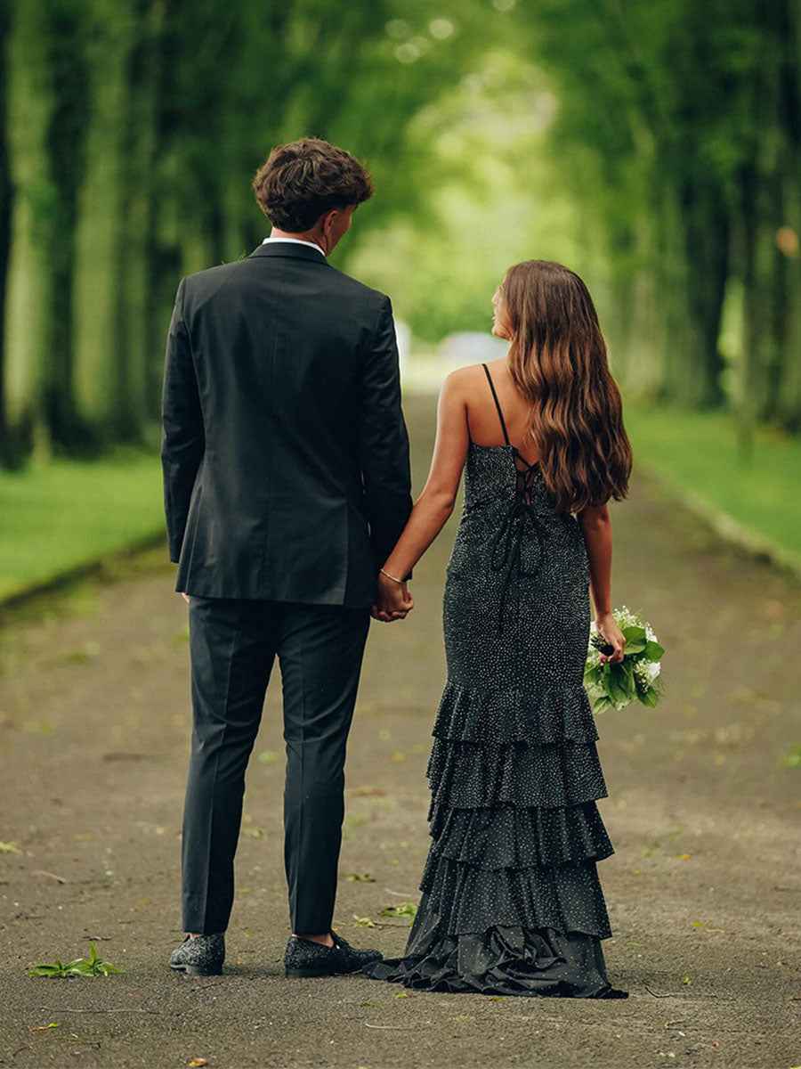 Mermaid Spaghetti Straps Rhinestone Ruffles Long Prom Dress with Slit