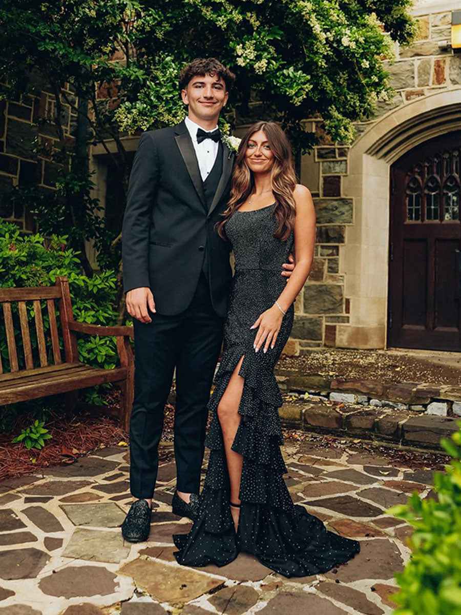 Mermaid Spaghetti Straps Rhinestone Ruffles Long Prom Dress with Slit