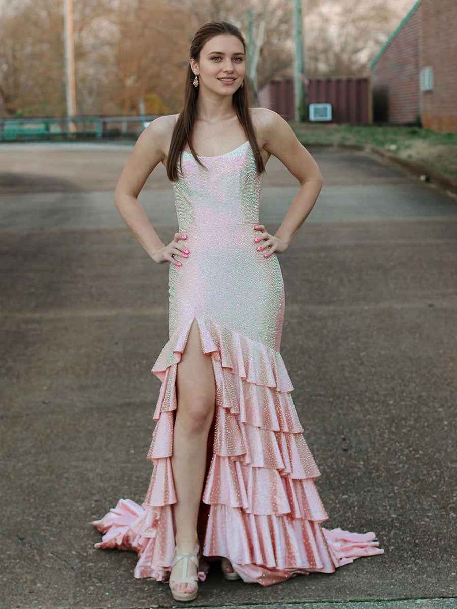 Mermaid Spaghetti Straps Rhinestone Ruffles Long Prom Dress with Slit