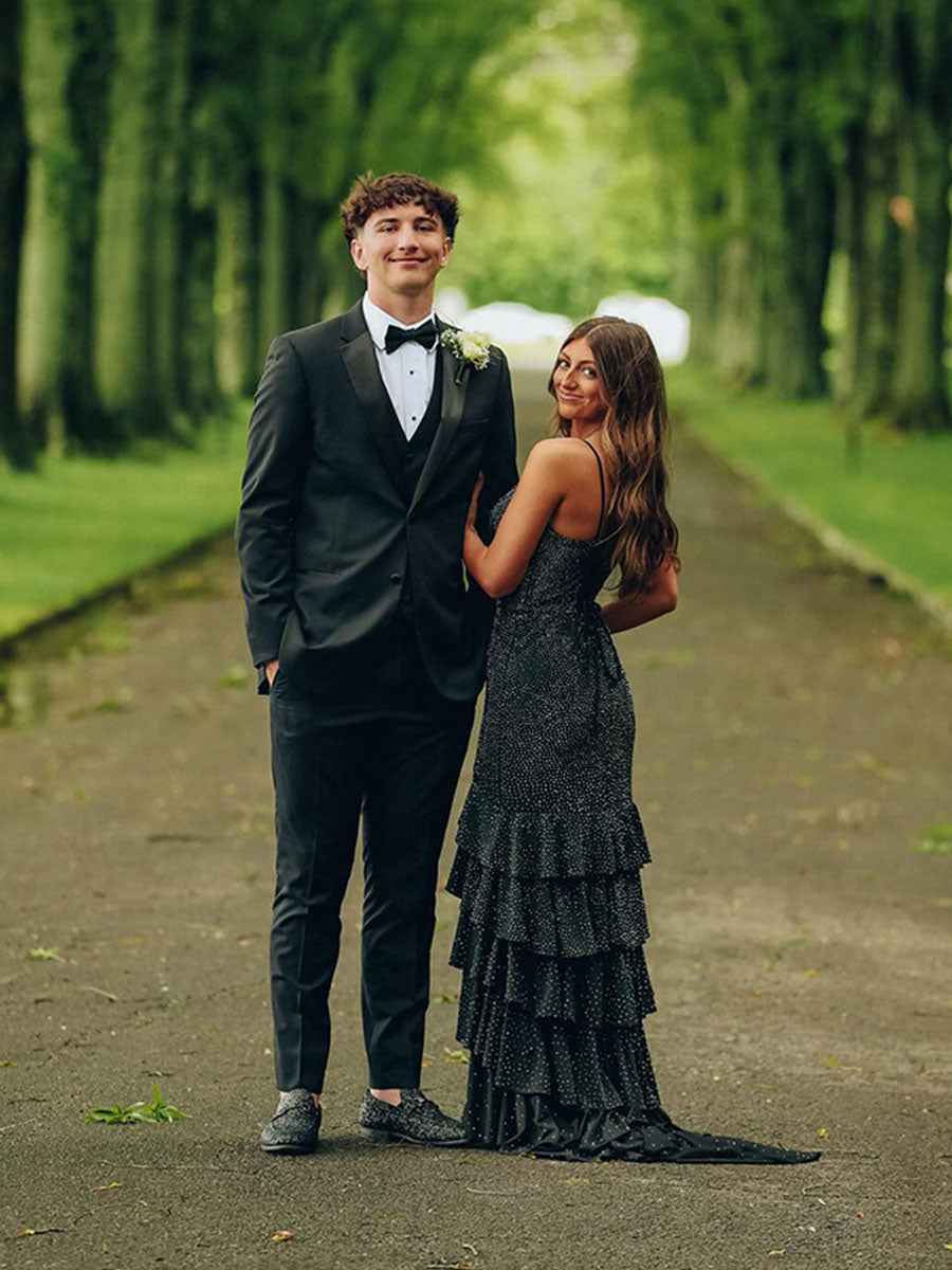 Mermaid Spaghetti Straps Rhinestone Ruffles Long Prom Dress with Slit