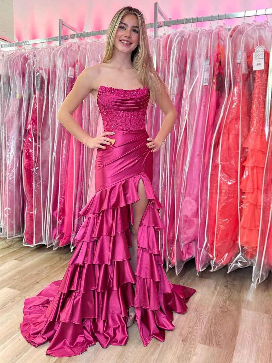 Pink Mermaid Strapless Satin Tiered Long Prom Dress with Sequins