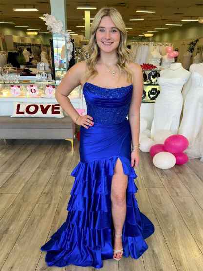 Pink Mermaid Strapless Satin Tiered Long Prom Dress with Sequins