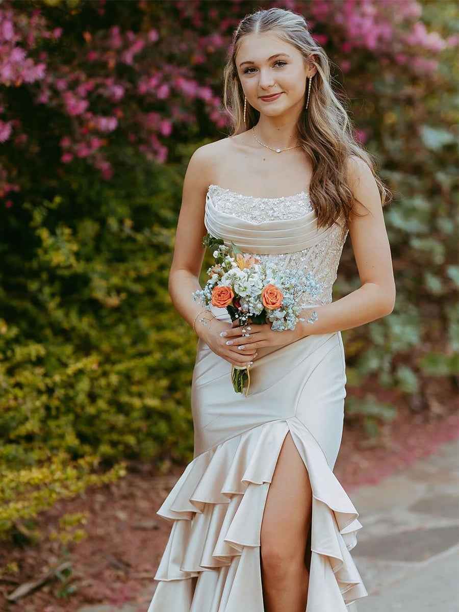 Pink Mermaid Strapless Satin Tiered Long Prom Dress with Sequins