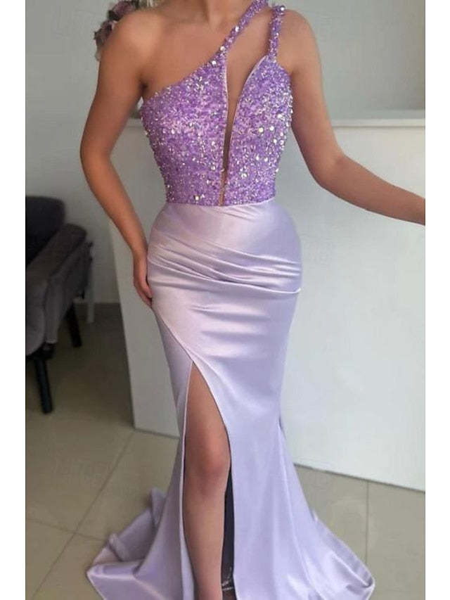 Sequined Floor-Length One-Shoulder Trumpet Evening Dress