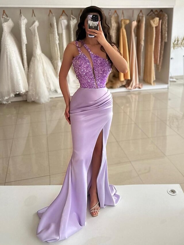 Sequined Floor-Length One-Shoulder Trumpet Evening Dress