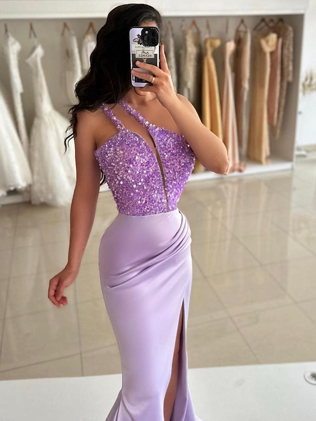 Sequined Floor-Length One-Shoulder Trumpet Evening Dress