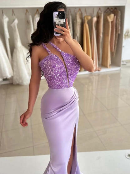 Sequined Floor-Length One-Shoulder Trumpet Evening Dress