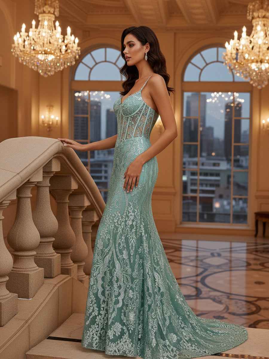 Mermaid V Neck Sheer-Corset Long Glitter-Print Prom Dress