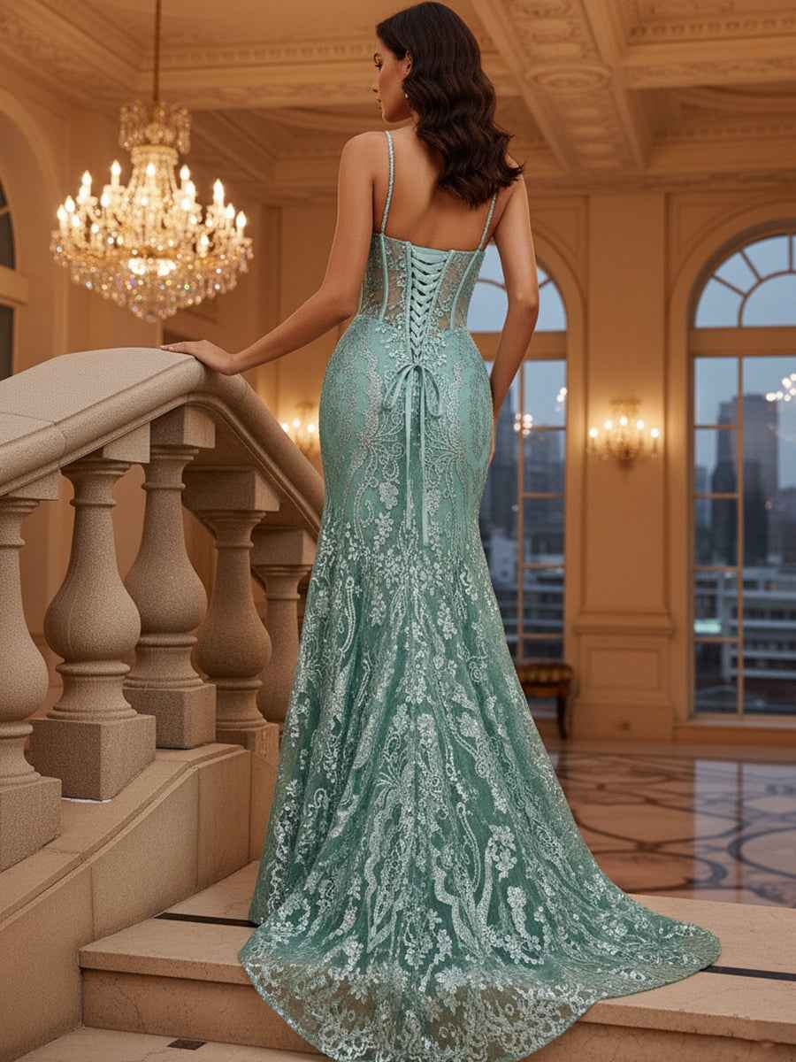 Mermaid V Neck Sheer-Corset Long Glitter-Print Prom Dress