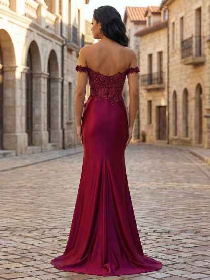 Mermaid Off-The-Shoulder Floral Corset Long Prom Dress with Slit